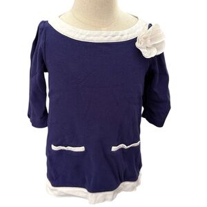 Janie and Jack Girl’s Size 6 Navy Blue White Blouse with Flower